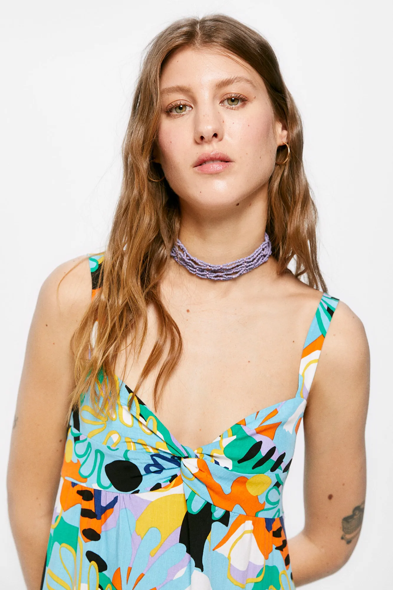 * Vestido Midi Nudo Escote Estampado Turquesa Clearance