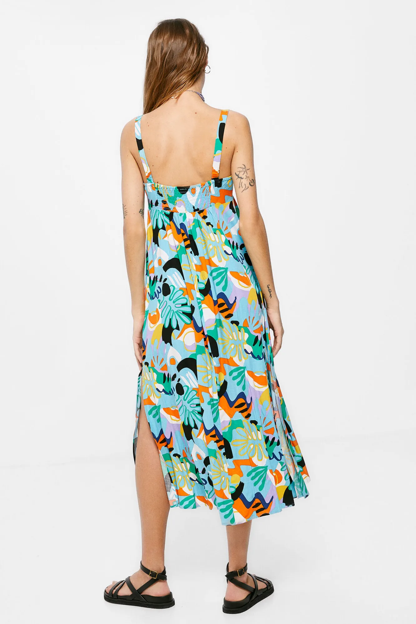 * Vestido Midi Nudo Escote Estampado Turquesa Clearance