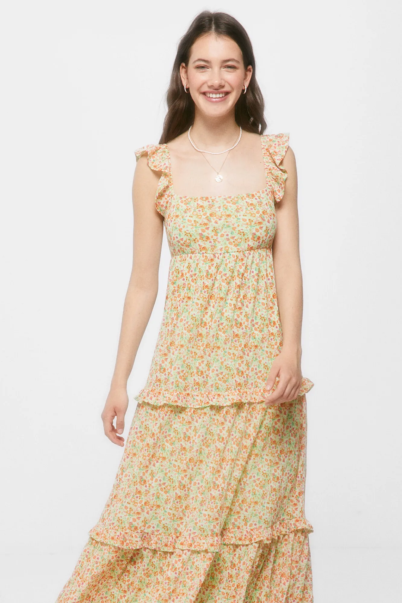 * Vestido Midi Paneles Volantes Estampado Verde Discount
