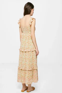 * Vestido Midi Paneles Volantes Estampado Verde Discount