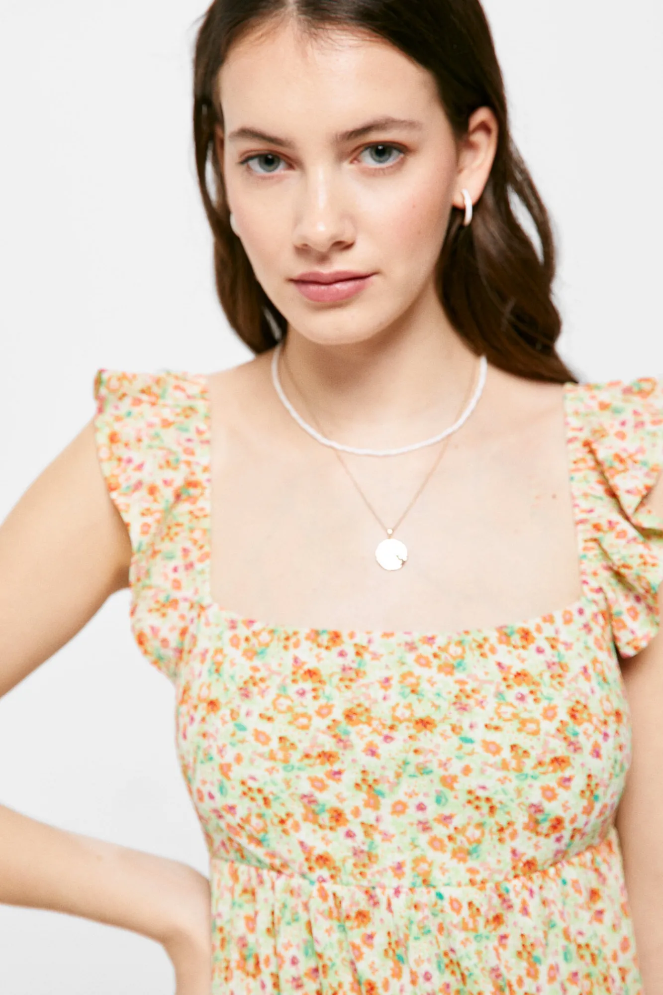 * Vestido Midi Paneles Volantes Estampado Verde Discount