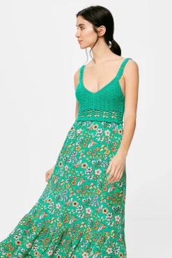 * Vestido Midi Punto Combinado Verde Outlet