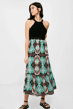* Vestido Midi Punto Combinado Halter Negro