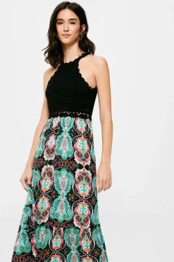 * Vestido Midi Punto Combinado Halter Negro