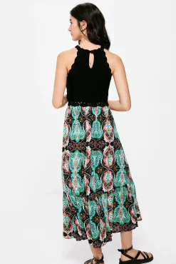 * Vestido Midi Punto Combinado Halter Negro