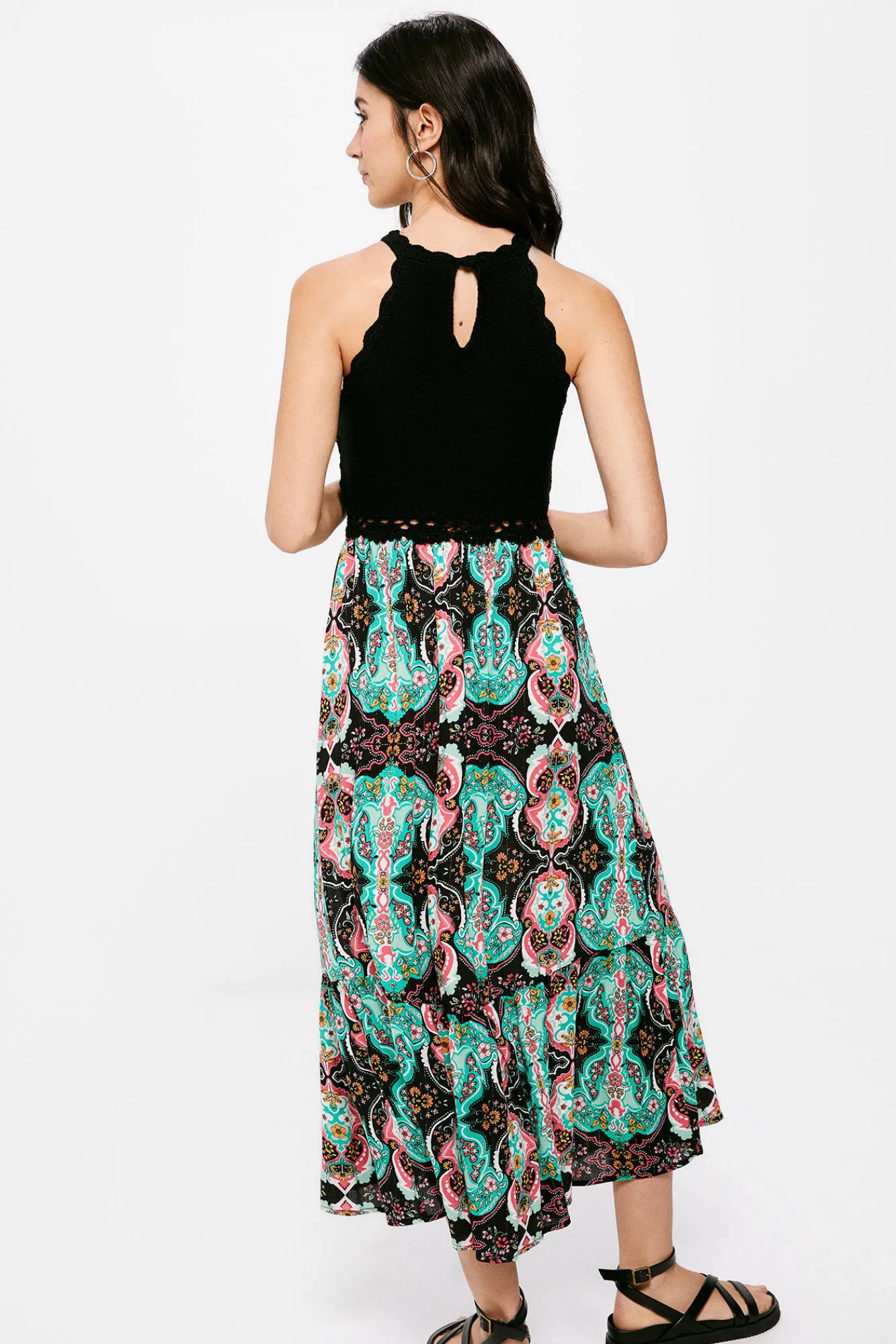 * Vestido Midi Punto Combinado Halter Negro