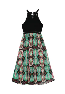 * Vestido Midi Punto Combinado Halter Negro