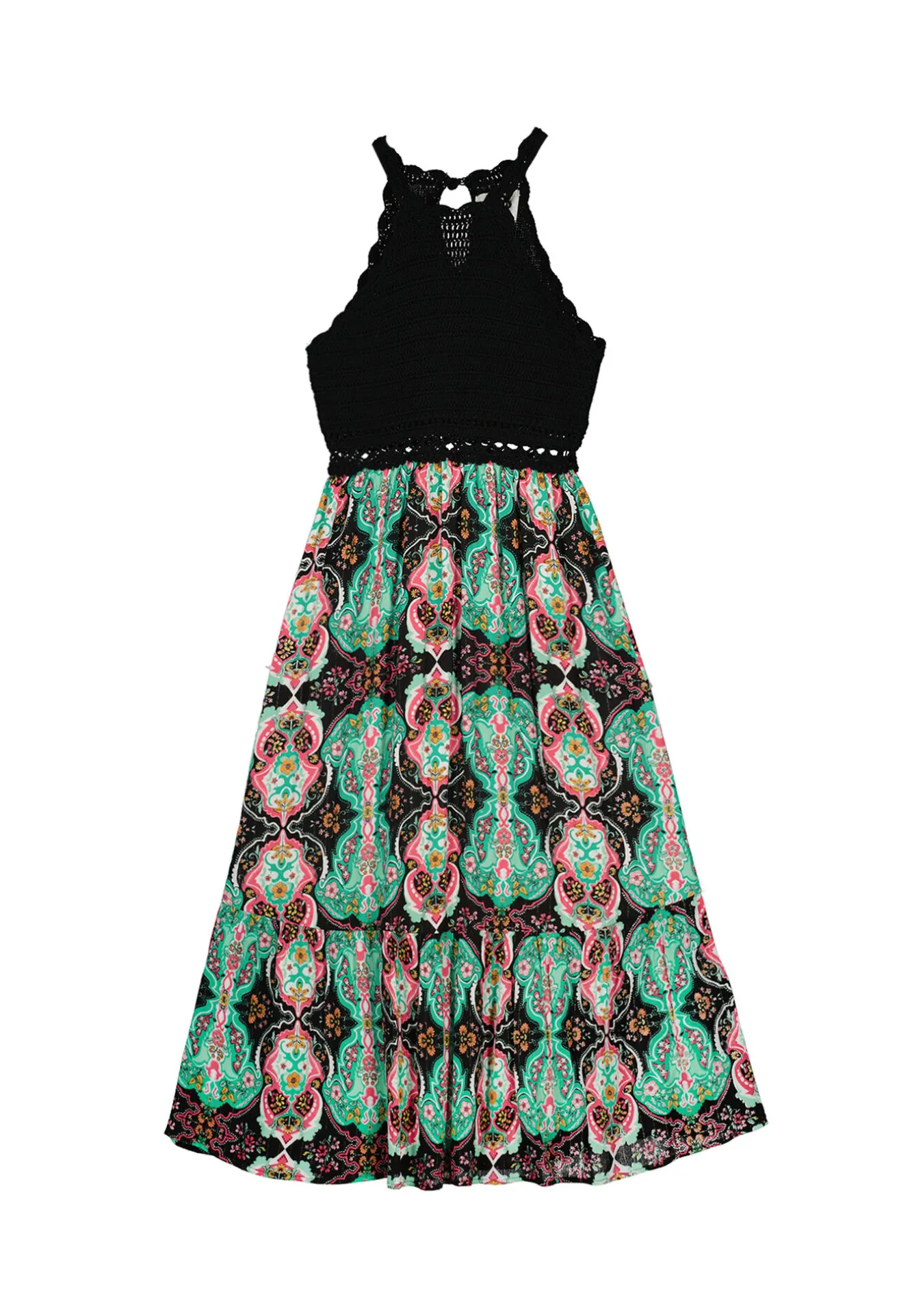 * Vestido Midi Punto Combinado Halter Negro