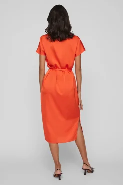 Vila Vestido Midi Satinado De Manga Corta Naranja Hot
