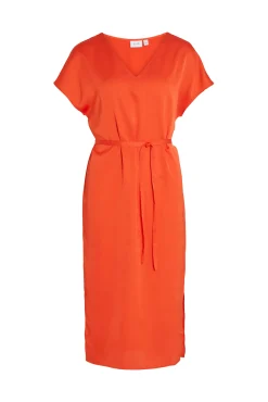 Vila Vestido Midi Satinado De Manga Corta Naranja Hot