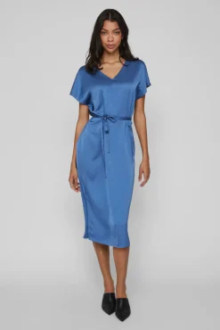 Vila Vestido Midi Satinado De Manga Corta Azul Best