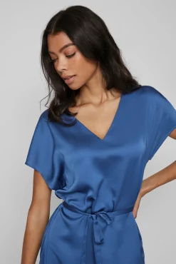 Vila Vestido Midi Satinado De Manga Corta Azul Best
