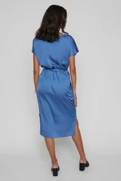 Vila Vestido Midi Satinado De Manga Corta Azul Best