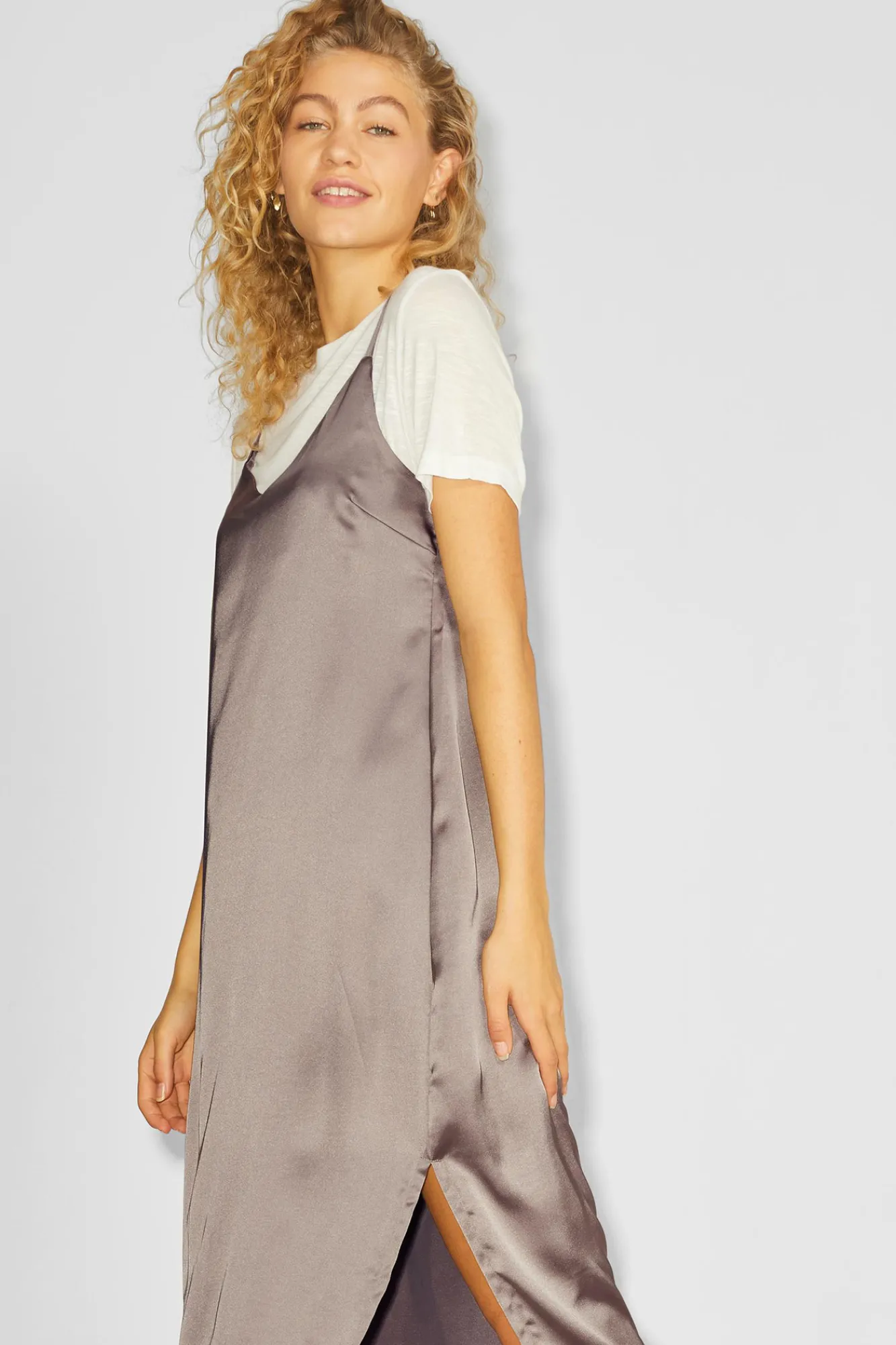Jack & Jones Vestido Midi Satinado De Tirantes Gris Medio Hot