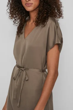 Vila Vestido Midi Satinado De Manga Corta Marron Outlet