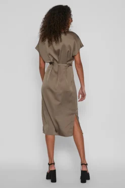 Vila Vestido Midi Satinado De Manga Corta Marron Outlet