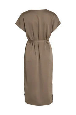 Vila Vestido Midi Satinado De Manga Corta Marron Outlet
