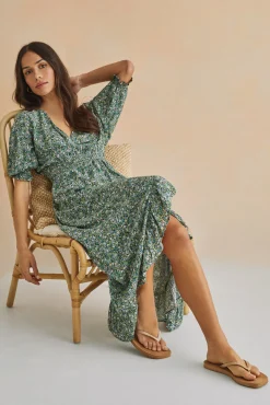 Women'secret Vestido Midi Volantes Verde Estampado New