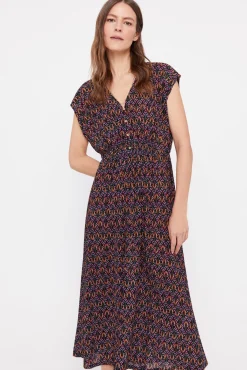 Cortefiel Vestido Plisado Estampado Negro Hot