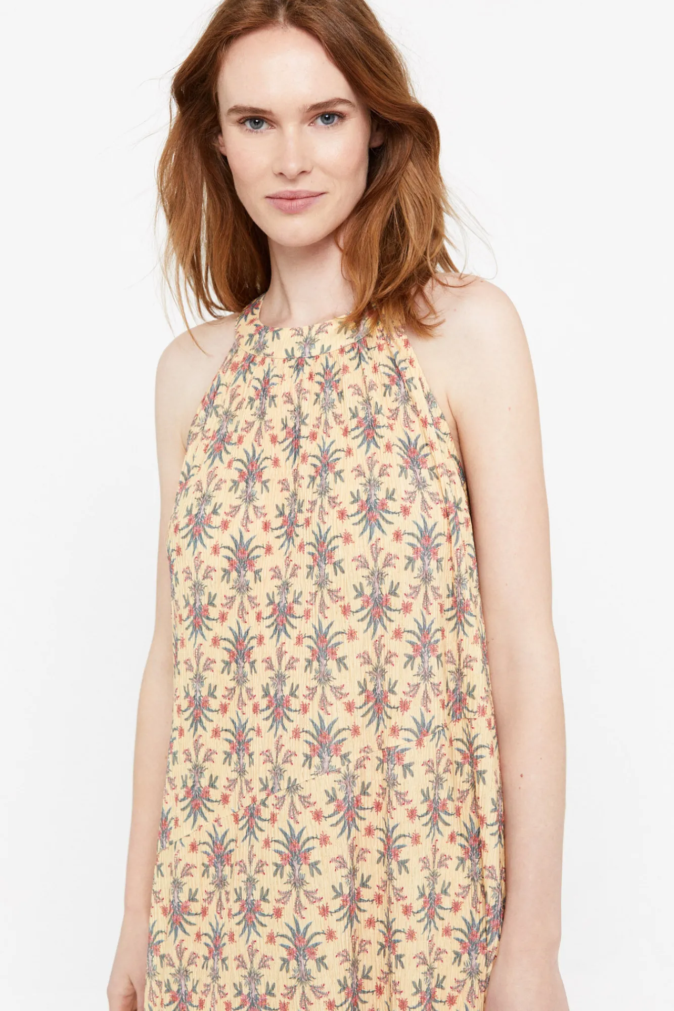 Cortefiel Vestido Plisado Halter Estampado Blanco Discount