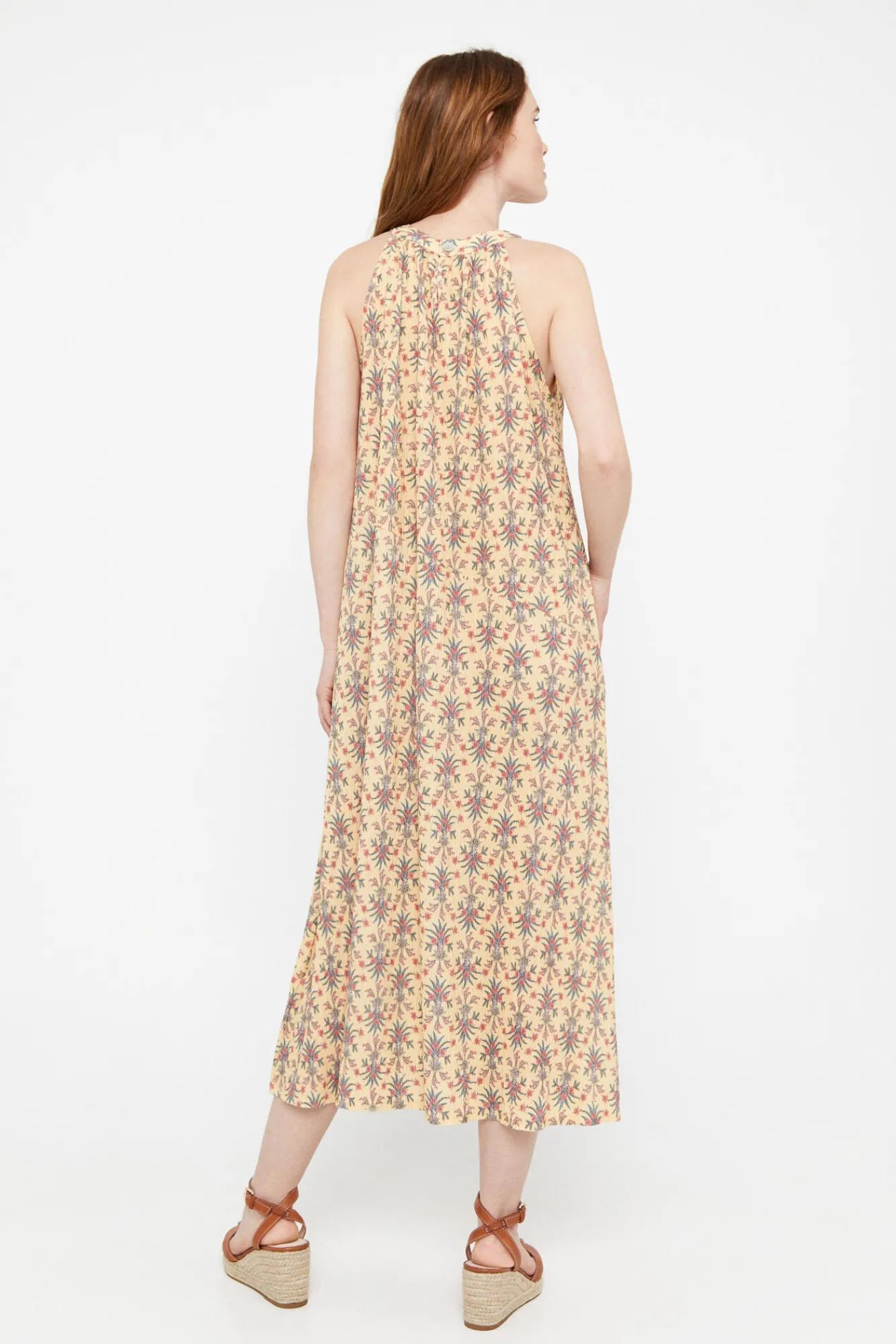 Cortefiel Vestido Plisado Halter Estampado Blanco Discount