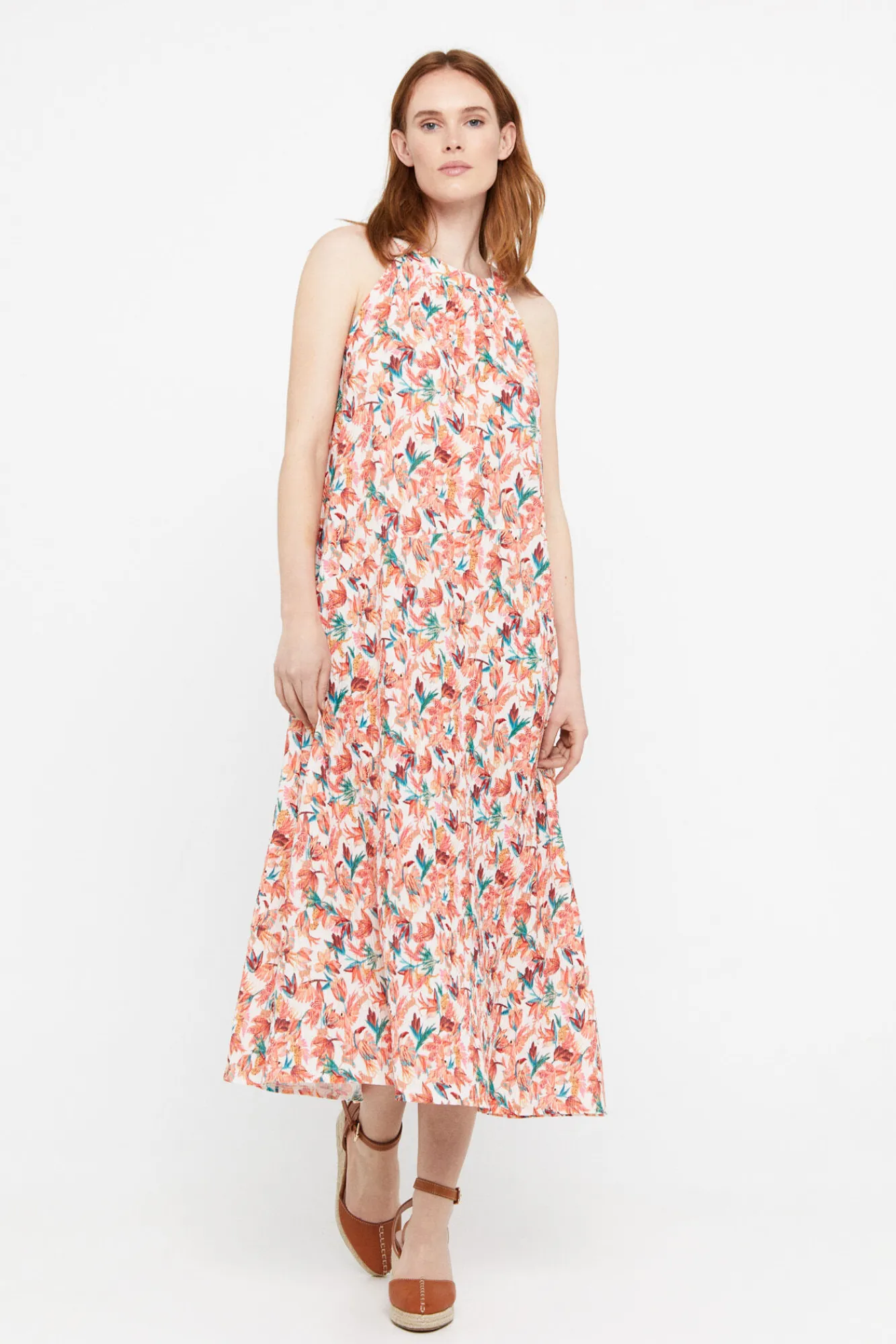 Cortefiel Vestido Plisado Halter Marfil