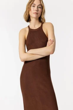 Tiffosi Vestido Punto Con Cuello Halter Marron Medio