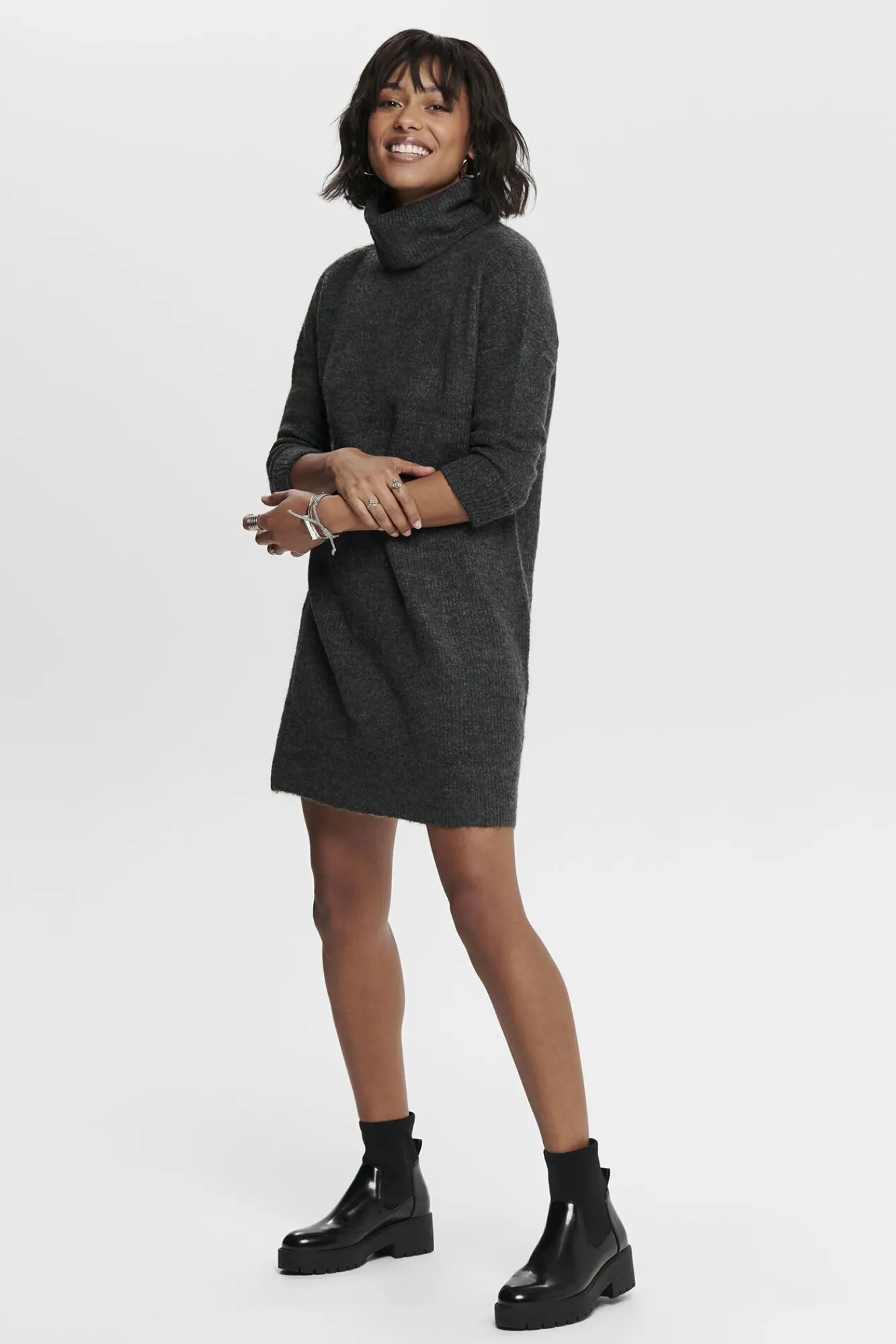 Only Vestido Punto Cuello Cisne Gris Medio Outlet