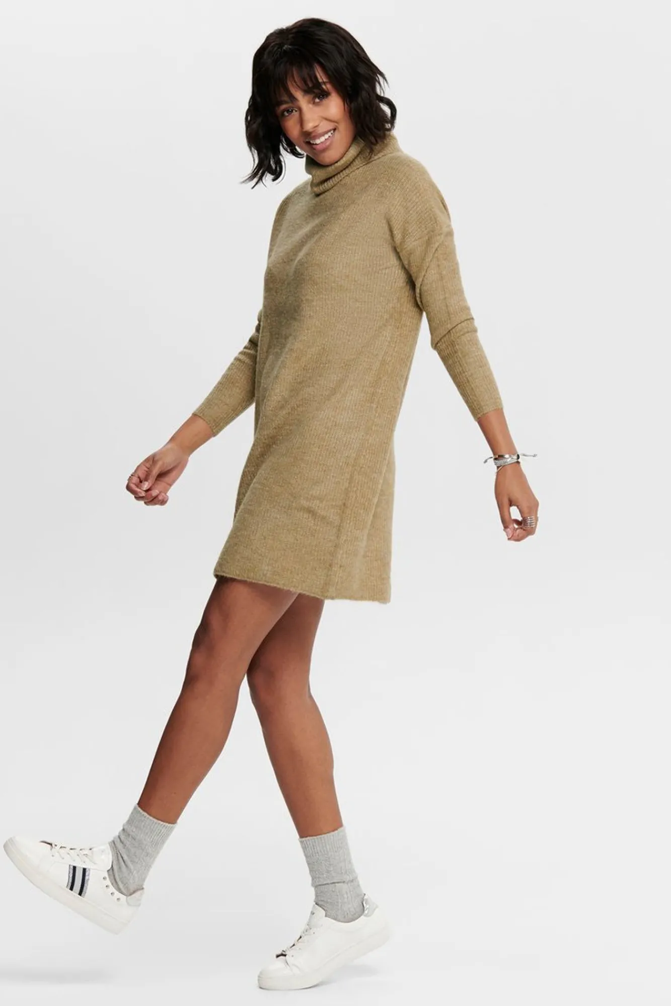 Only Vestido Punto Cuello Cisne Marron Medio Clearance