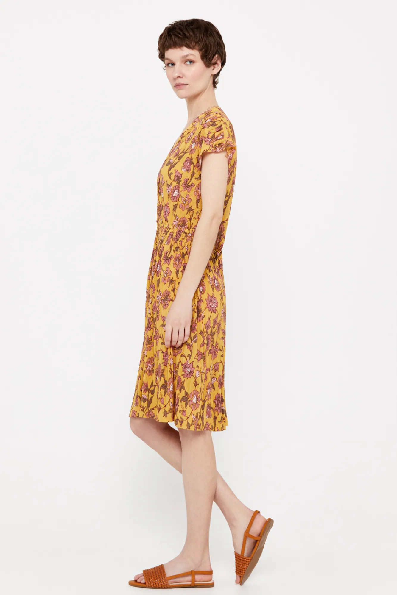 Cortefiel Vestido Punto Plisado Estampado Estampado Blanco Online