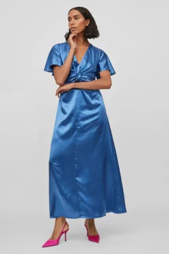 Vila Vestido Satinado De Manga Corta Azul Hot