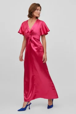 Vila Vestido Satinado De Manga Corta Rosa Sale