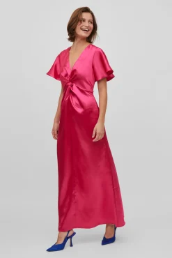 Vila Vestido Satinado De Manga Corta Rosa Sale