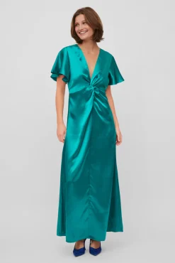 Vila Vestido Satinado De Manga Corta Verde Sale