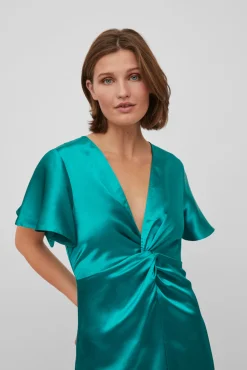 Vila Vestido Satinado De Manga Corta Verde Sale