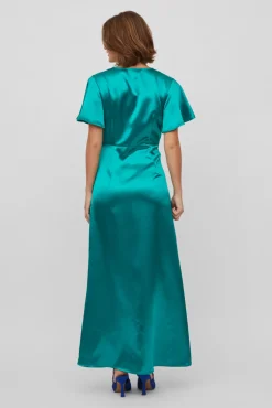 Vila Vestido Satinado De Manga Corta Verde Sale