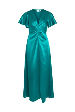 Vila Vestido Satinado De Manga Corta Verde Sale